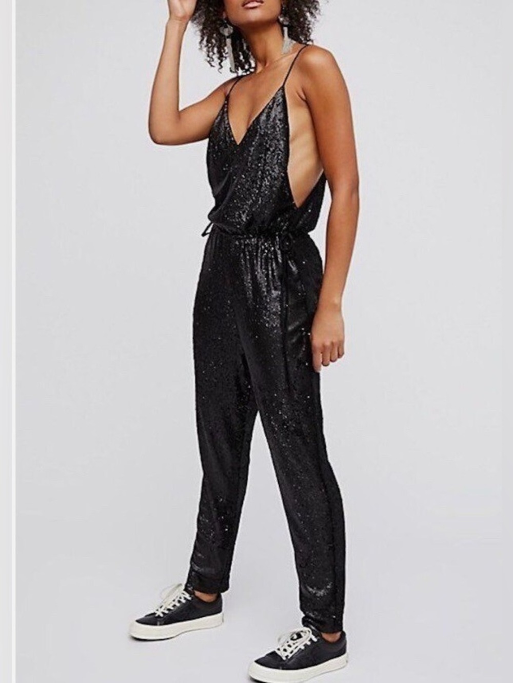 Free People Black Sequin Pantsuit Jumpsuit Party Club Night Outfit S